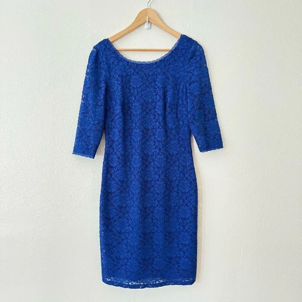 Eliza J Women's Size 6 Blue Lace Detail A Line Knee Length Dress 3/4 Sleeve